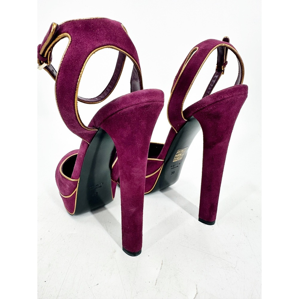 Gucci Platform Pumps Huston 39 Purple Suede Gold Trim Ankle Strap Heels - Picture 7 of 10